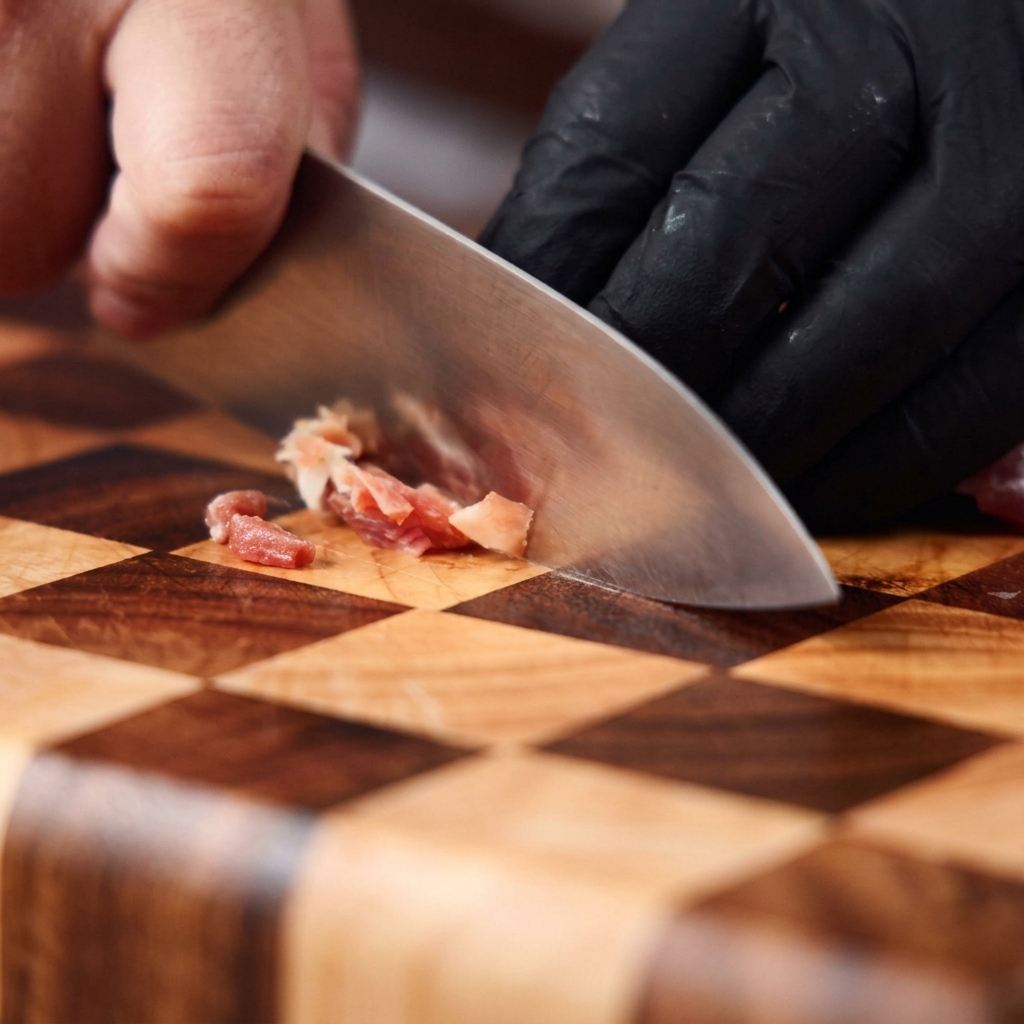 Un chef utilizando un cuchillo afilado para cortar panceta italiana en trozos pequeños sobre una tabla de cortar de madera.