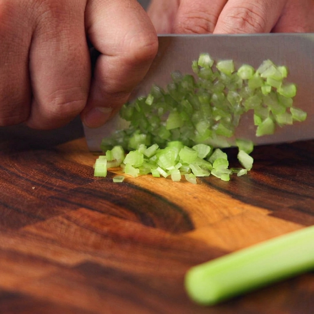 Manos picando una rama de apio verde en trozos pequeños sobre una tabla de madera con un cuchillo de chef ancho.