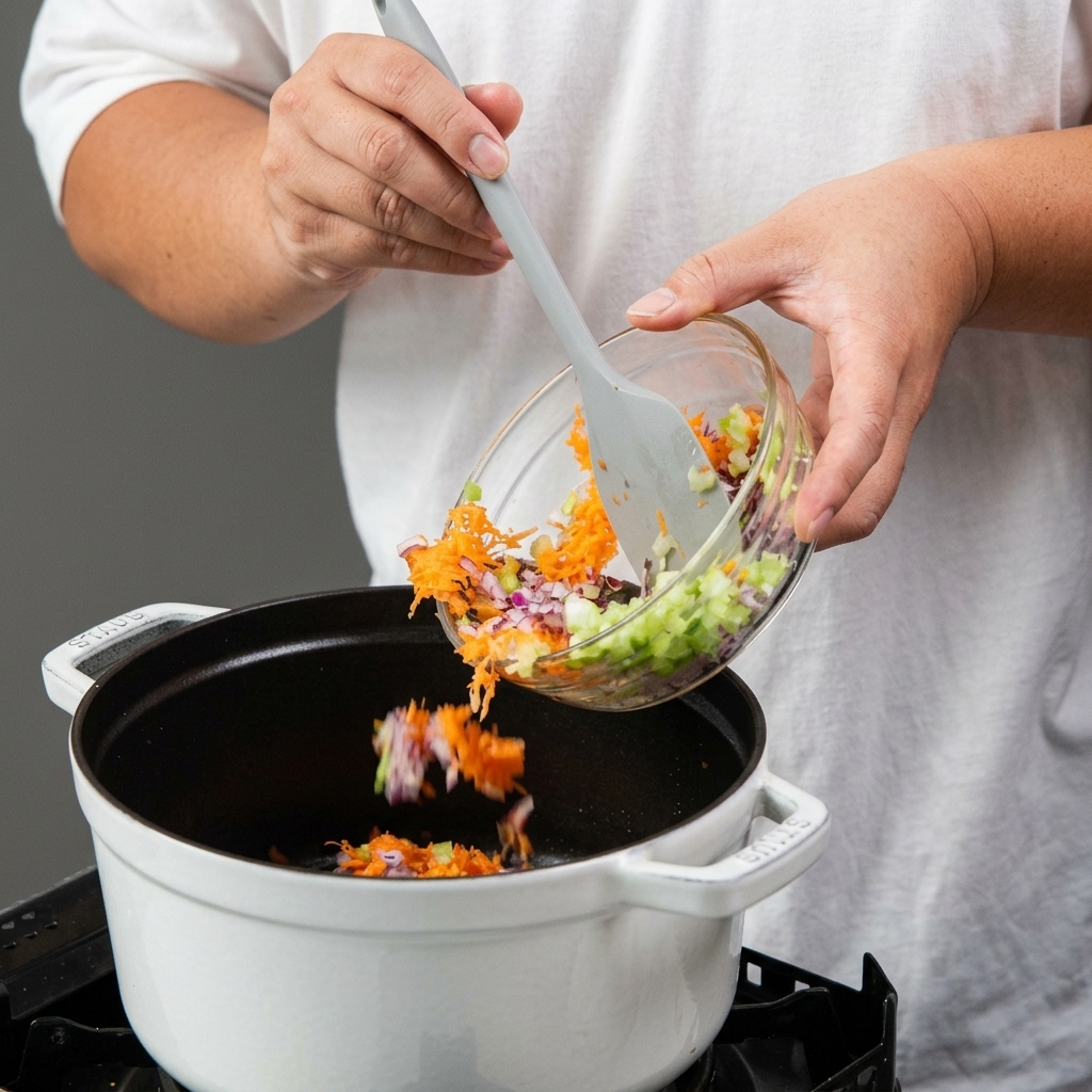 Una persona vertiendo un cuenco de zanahorias, apio y cebollas moradas finamente picados en un horno holandés blanco.