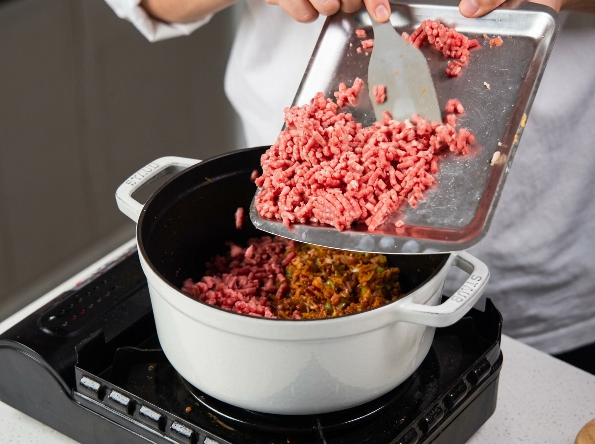 Carne picada de ternera cayendo desde una bandeja metálica a una olla que contiene una mezcla de verduras cocidas.
