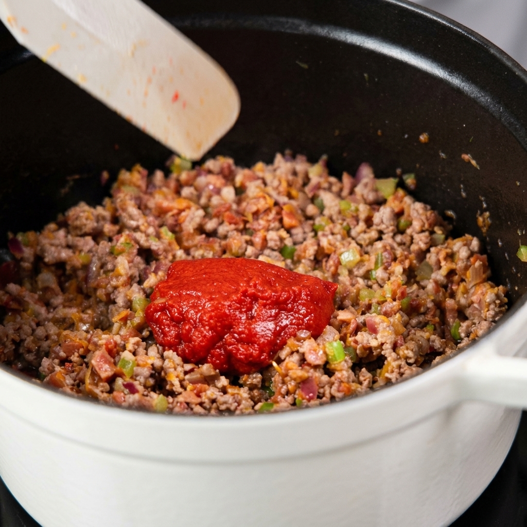 Una cucharada grande de concentrado de tomate de color rojo brillante sobre la carne picada dorada y las verduras en una olla.