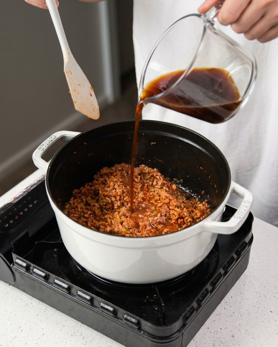 Vino tinto vertiéndose desde una taza de vidrio en una olla con salsa de carne y verduras a fuego lento.