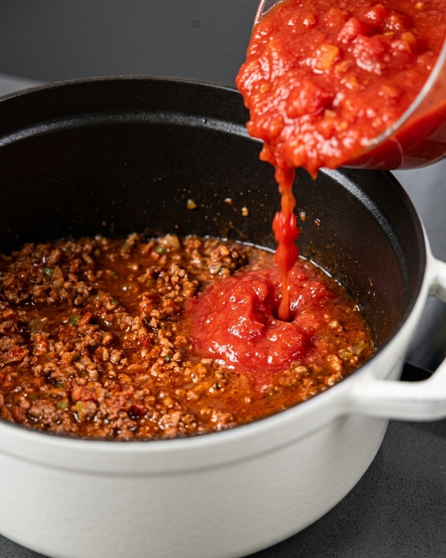 Tomate triturado espeso vertiéndose desde un cuenco de vidrio en la mezcla de salsa de carne.
