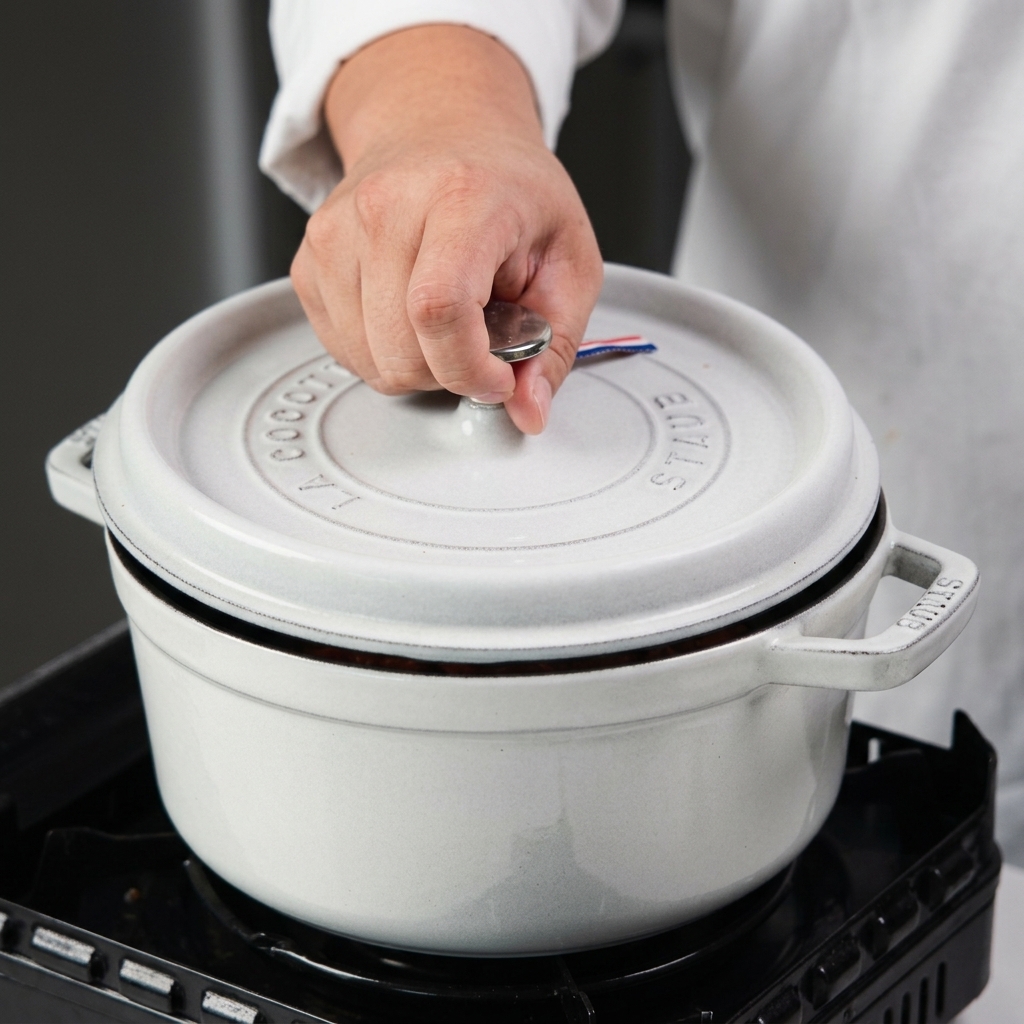 Una mano colocando una pesada tapa de cerámica blanca sobre un horno holandés a juego para comenzar el largo proceso de cocción lenta.