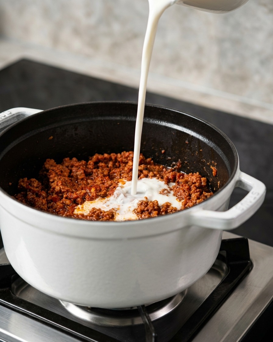 Un chorro de leche blanca vertiéndose en una rica salsa de carne de color rojo oscuro dentro de una olla blanca.