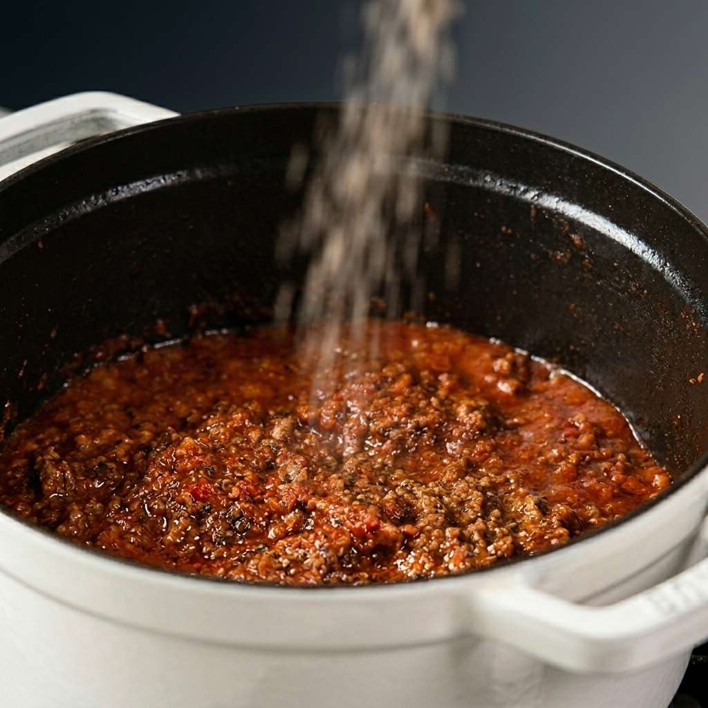 Sal marina y pimienta negra salpicando una salsa boloñesa espesa que burbujea en una olla.