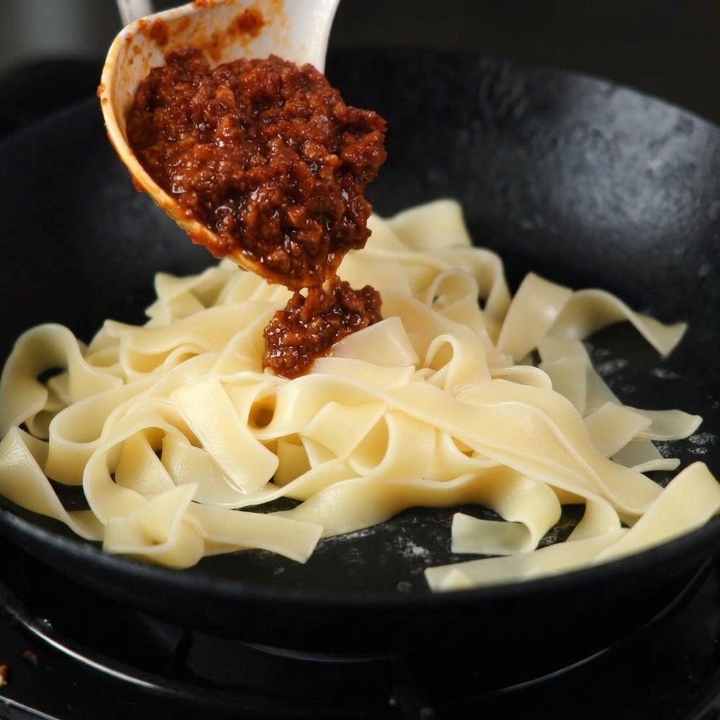 Un cucharón grande vertiendo salsa de carne espesa sobre un montón de cintas de pasta cocida en una sartén negra.