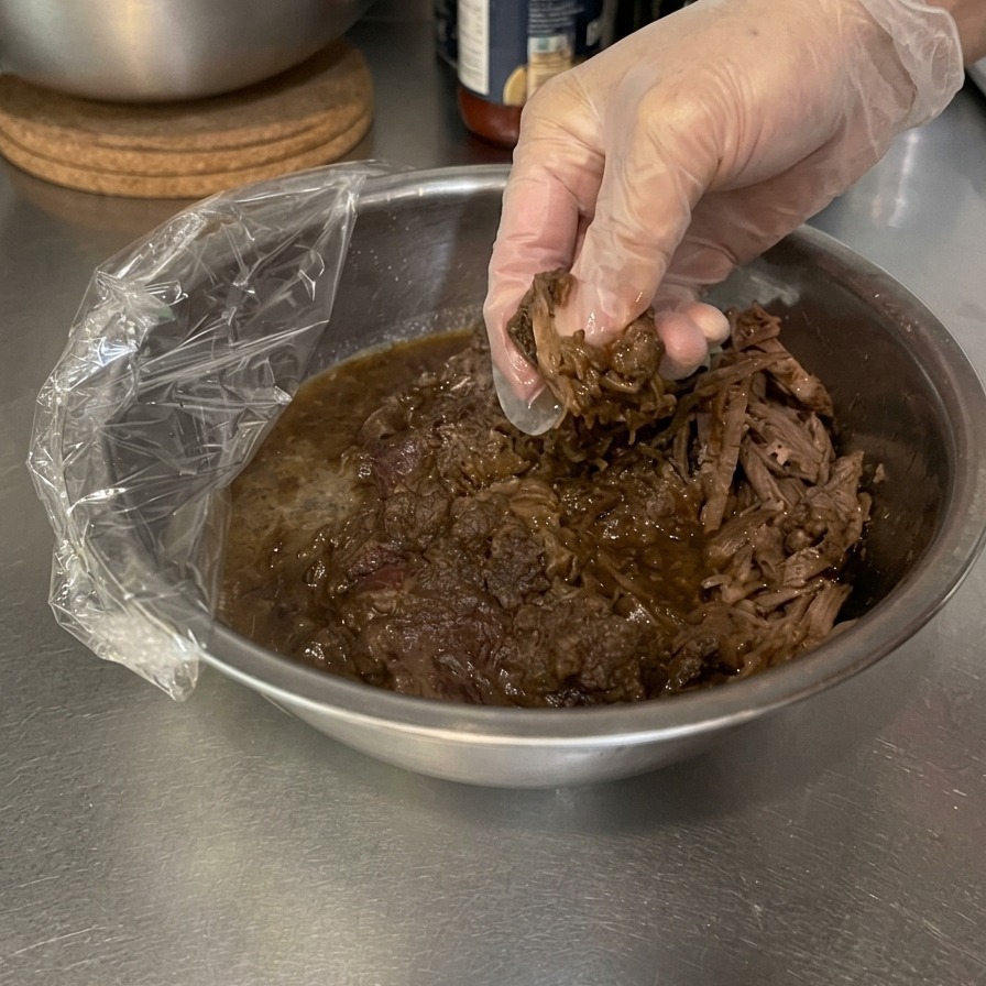Una mano con guante desmechando trozos tiernos de carne cocinada a fuego lento dentro de un bol de acero inoxidable lleno de salsa oscura.