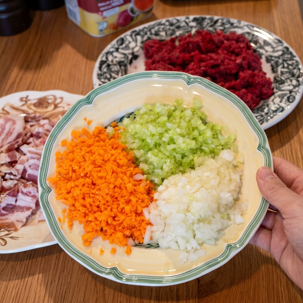 Un plato colorido que contiene tres montones distintos de zanahorias, apio y cebollas finamente picados.