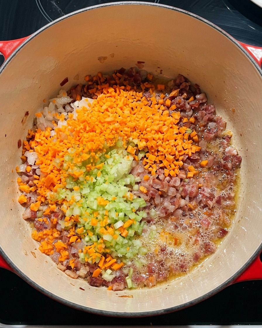 Verduras recién cortadas añadidas sobre la panceta crujiente que chisporrotea dentro de una gran cazuela roja.