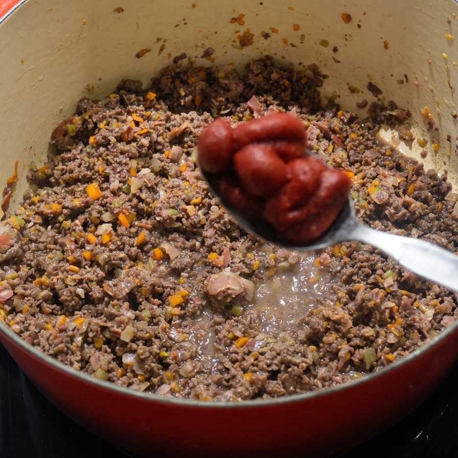 Una cuchara de metal sosteniendo una porción de concentrado de tomate espeso sobre una cazuela llena de carne picada y verduras.