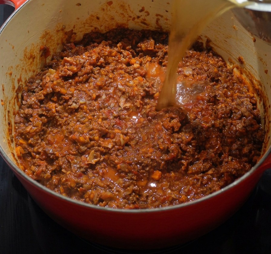 Caldo de carne claro vertiéndose en una cazuela de cocina roja, cubriendo por completo la mezcla de carne y tomate.