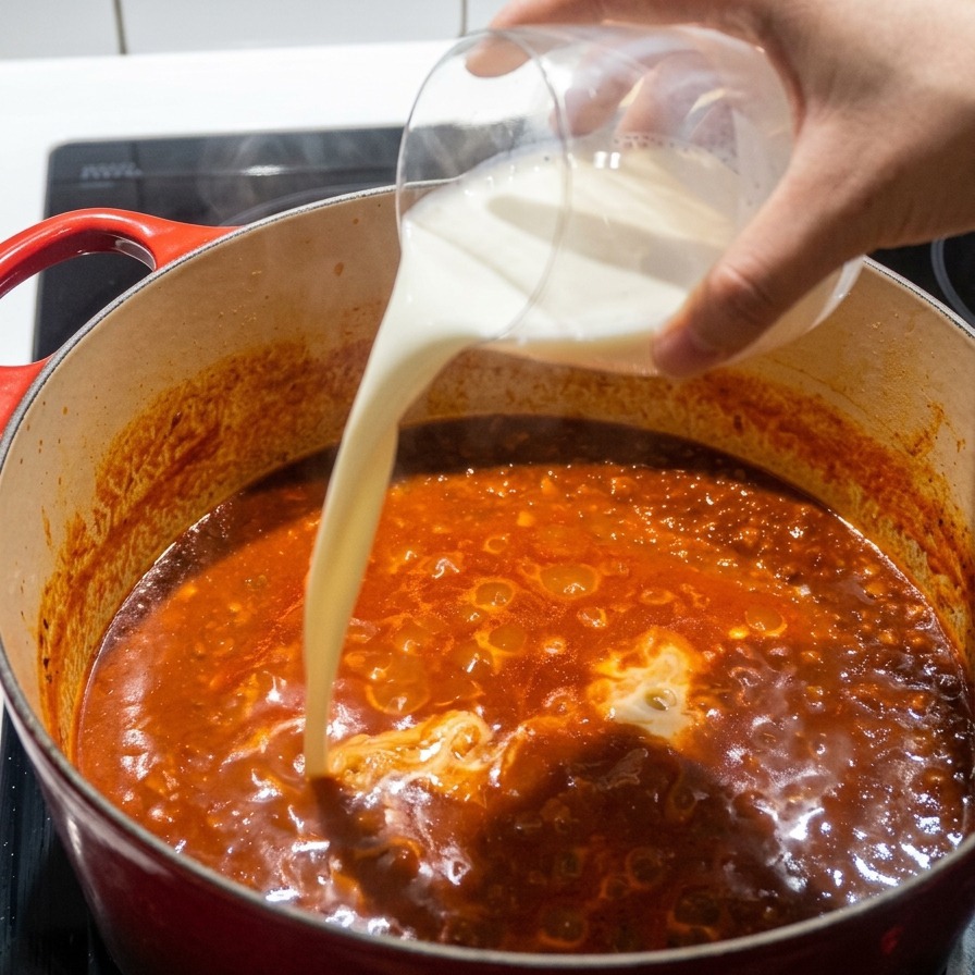 Leche blanca fresca vertiéndose en una salsa de carne de color rojo intenso que burbujea dentro de una cazuela roja.