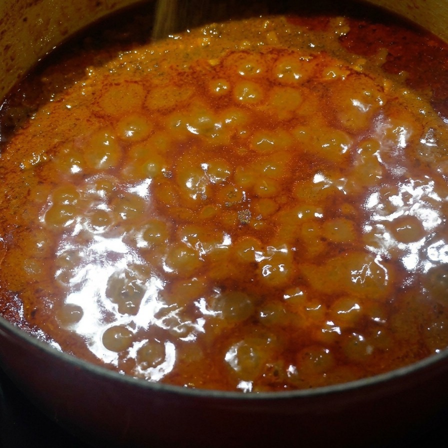 Nuez moscada molida espolvoreándose sobre una salsa de carne espesa y de tonos anaranjados que se cocina en una cazuela.