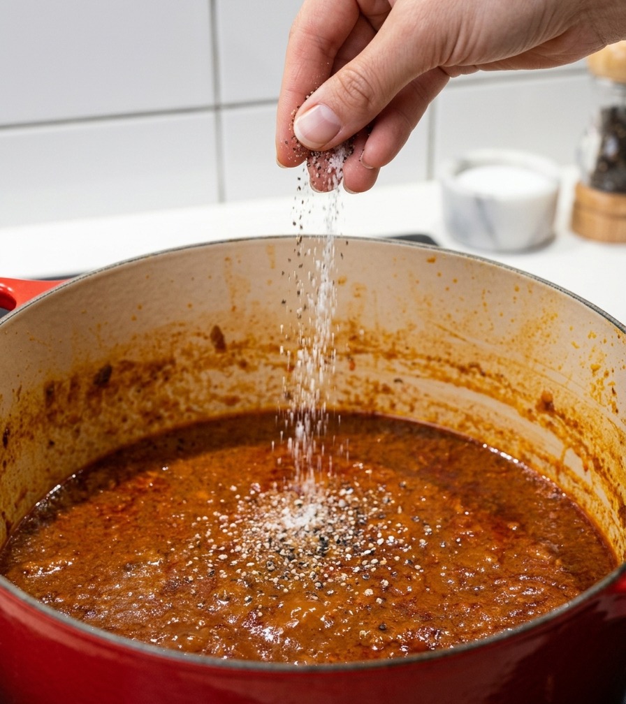 Una mano espolvoreando sal y pimienta negra molida en una cazuela roja llena de una salsa de carne espesa de color rojo anaranjado.