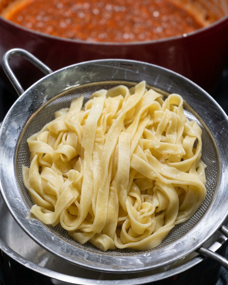 Un colador de malla metálica levantando un nido de fideos de tagliatelle amarillos y anchos ya cocinados de una cazuela humeante.