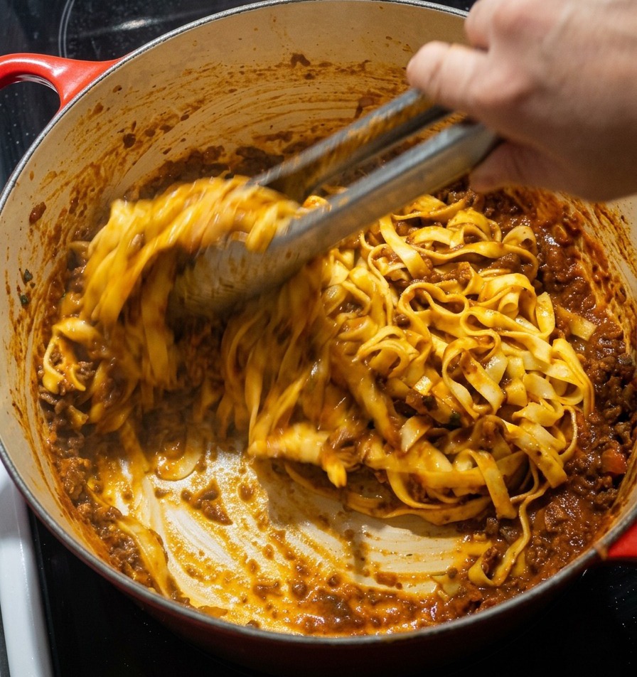 Unas pinzas mezclando fideos anchos de tagliatelle con una contundente salsa de carne dentro de una cazuela de hierro fundido esmaltado rojo.
