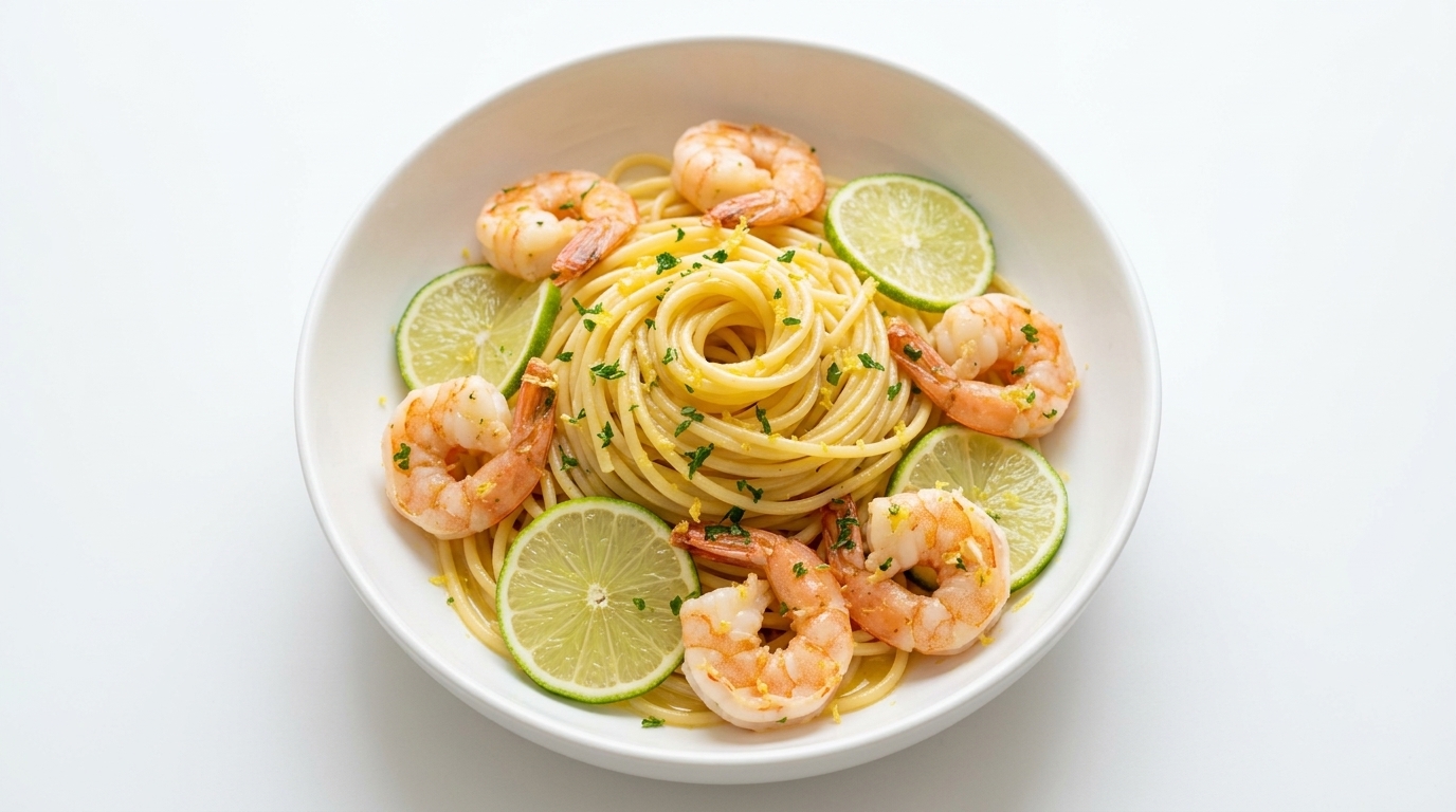 Pasta con camarones al ajillo y limón con ralladura fresca