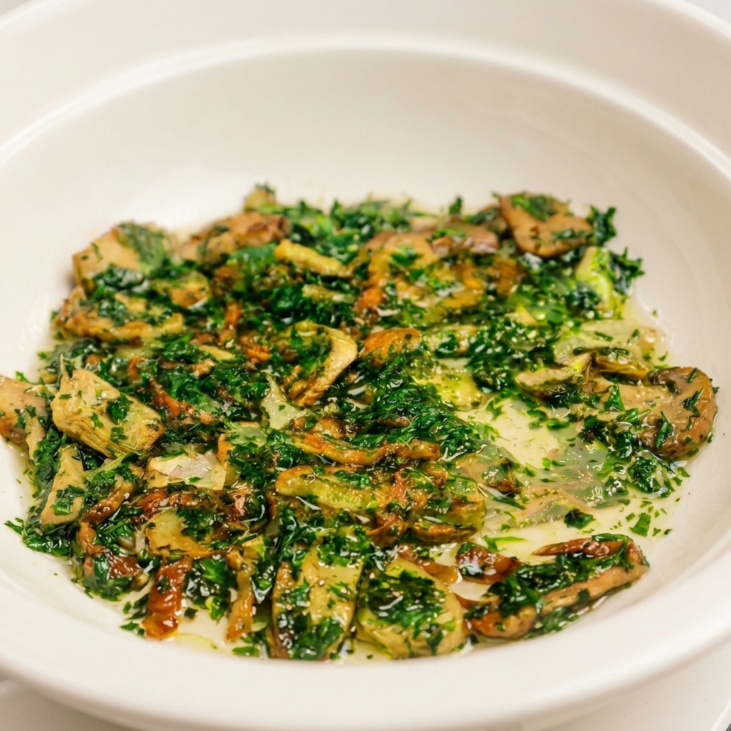 La mezcla de ajo sofrito, bacón y perejil en la sartén con una pequeña cantidad de agua de pasta turbia añadida para crear una salsa cohesiva.