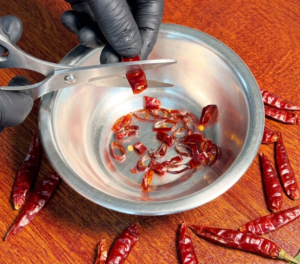 Una persona cortando chiles rojos secos en rodajas pequeñas con unas tijeras sobre un cuenco de acero inoxidable.