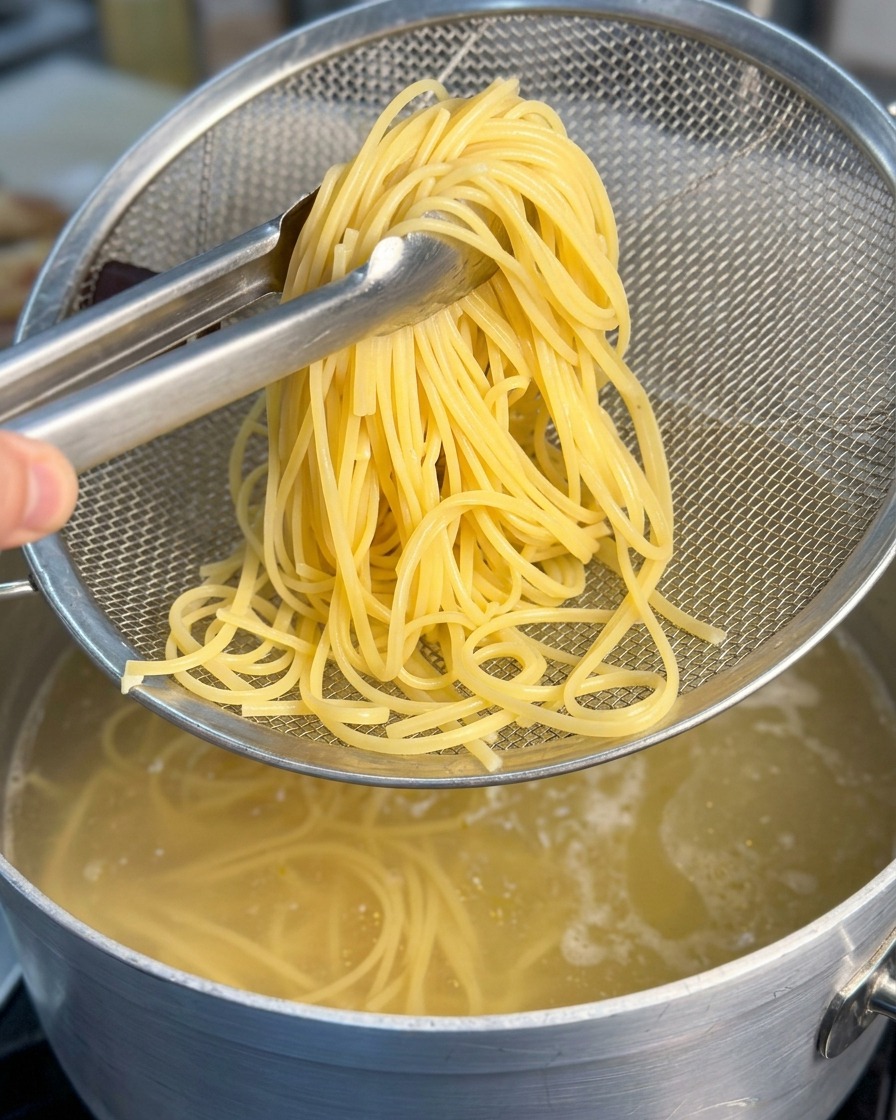 Unas pinzas levantando un manojo de espaguetis amarillos hacia un colador de malla metálica sobre una olla de agua hirviendo.
