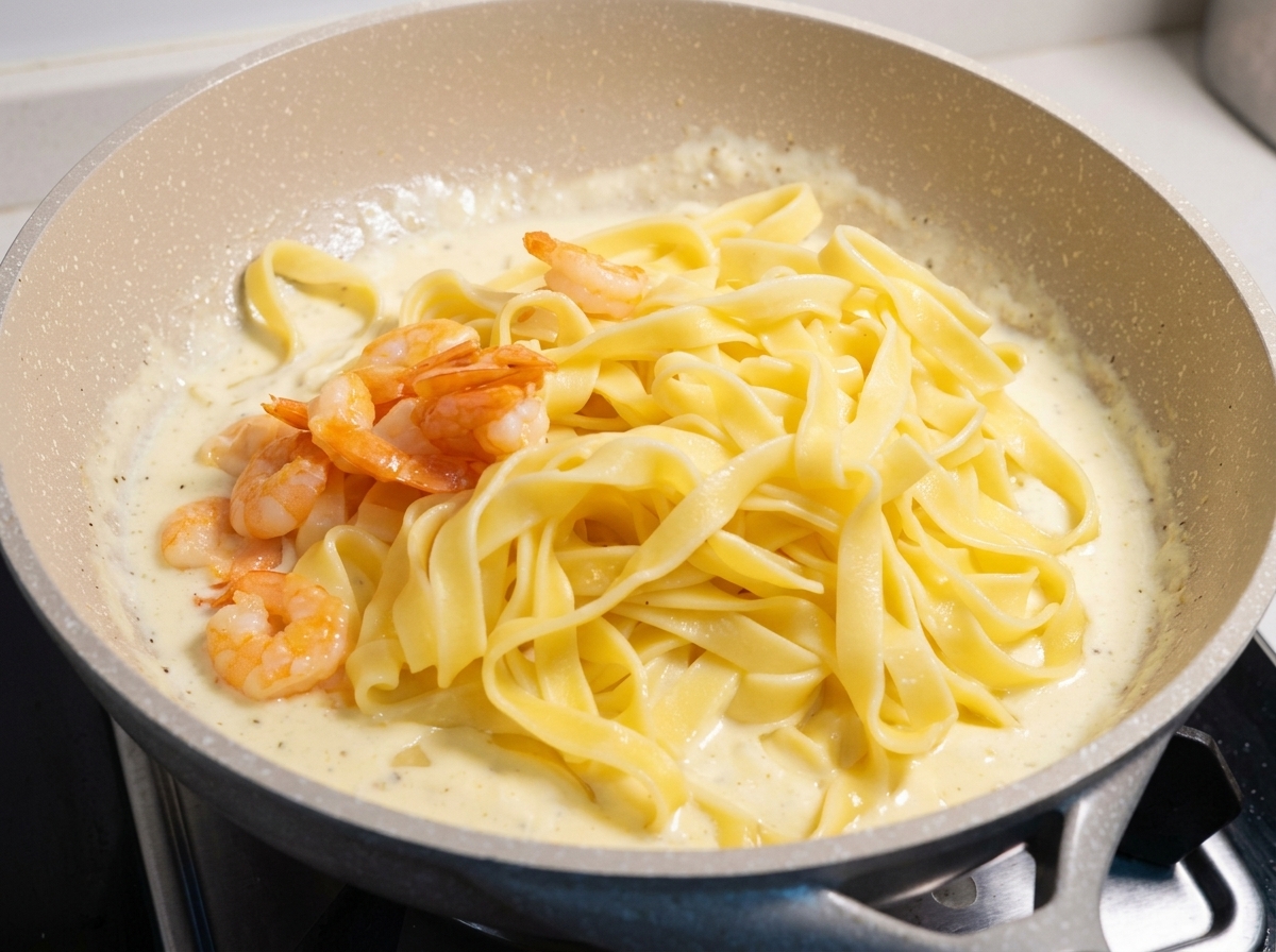 Camarones rosados cocidos siendo añadidos a una sartén llena de pasta fettuccine and una salsa blanca cremosa.