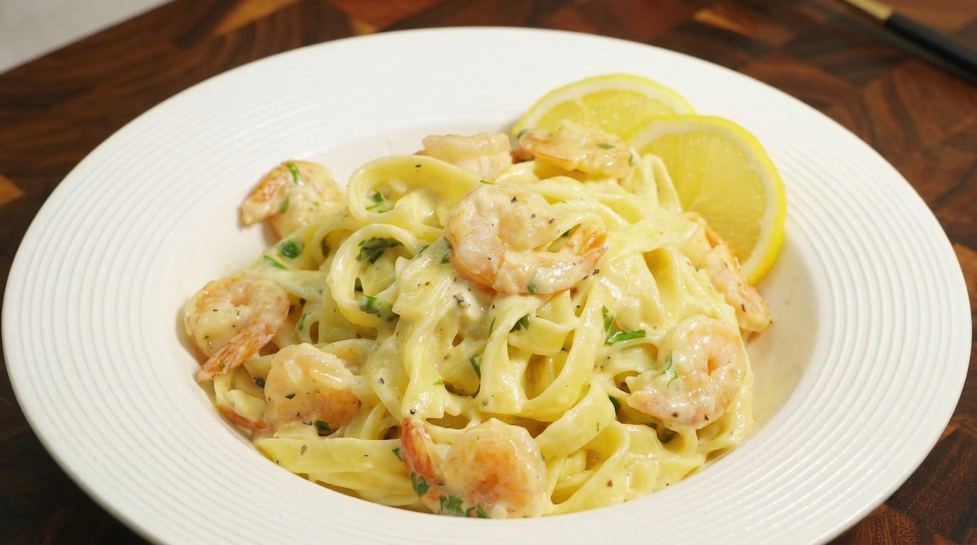 Fettuccine cremoso con camarones al limón