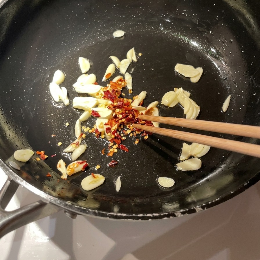 Copos de chile rojo seco mezclándose en una sartén con aromáticas láminas de ajo chisporroteando en aceite.