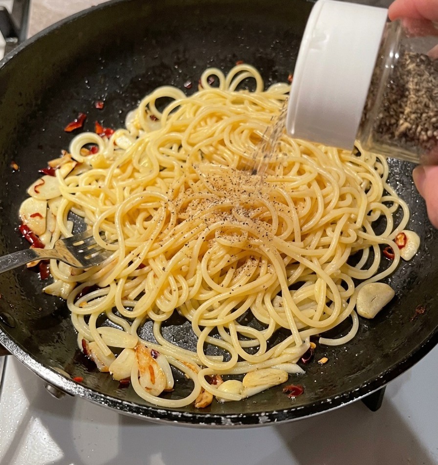 Una mano usando un molinillo con tapa blanca para espolvorear condimentos frescos sobre una sartén de pasta cocida.