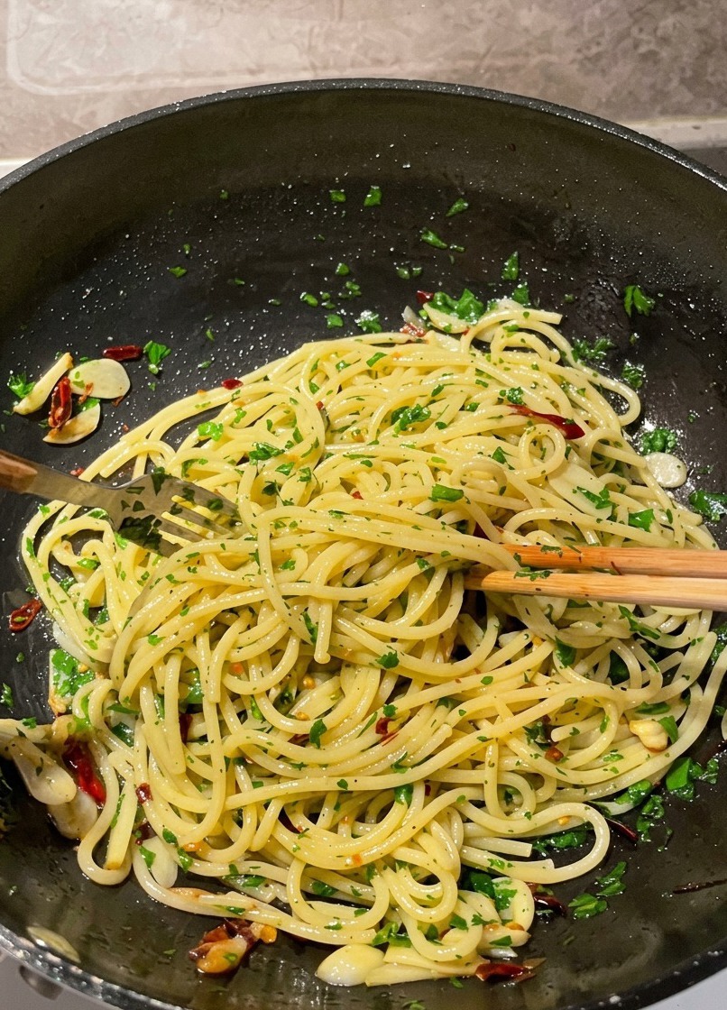 Una sartén de espaguetis mezclándose con ajo salteado dorado, copos de chile rojo y una cantidad generosa de perejil verde fresco usando palillos y un tenedor.