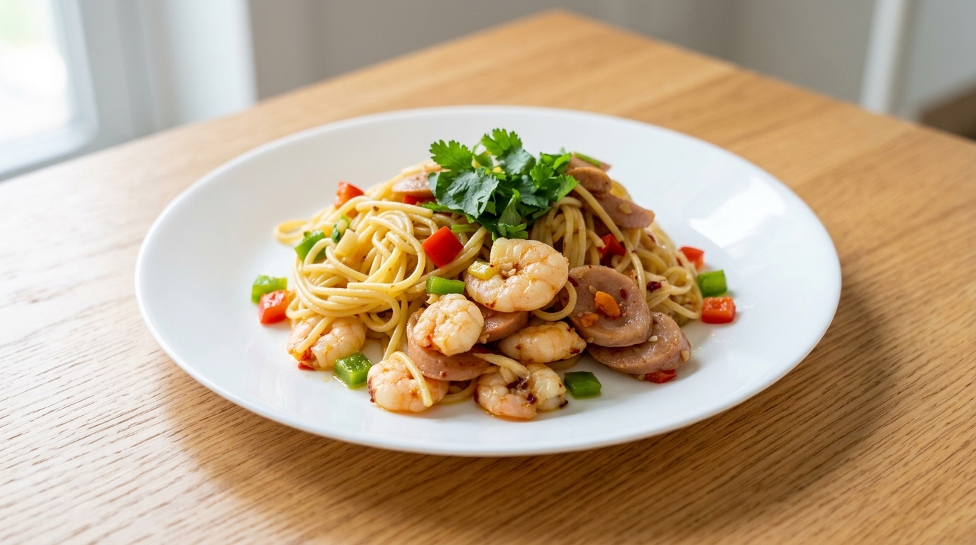 Espaguetis al Wok con Ajo, Camarones y Salchicha