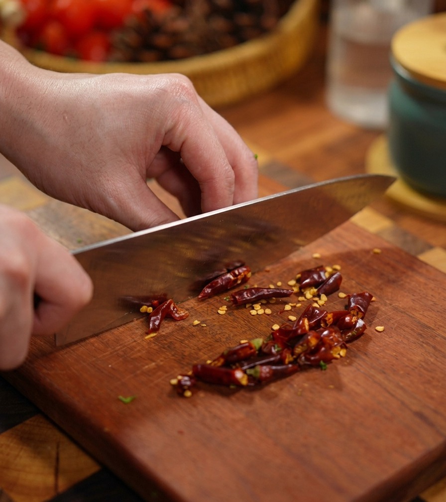 Manos usando un cuchillo de acero inoxidable para picar chiles rojos secos en trozos pequeños sobre una tabla de madera.