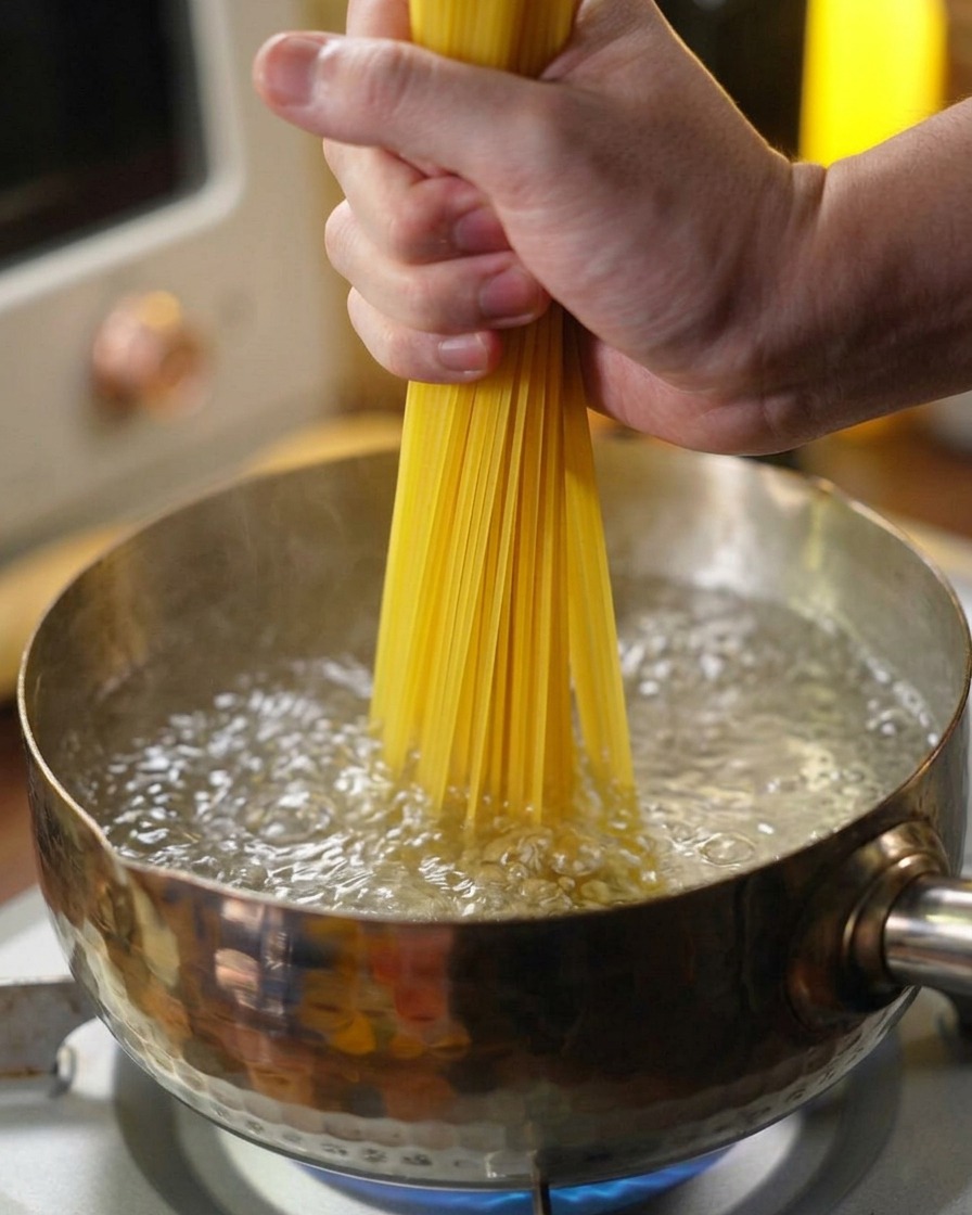 Una mano introduciendo espaguetis secos en una olla con agua hirviendo a borbotones.