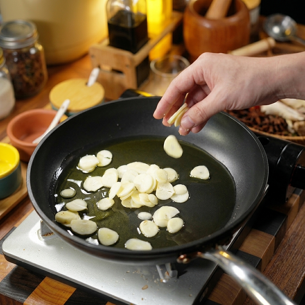Láminas de ajo crudo cayendo en una sartén con aceite caliente para saltearse.
