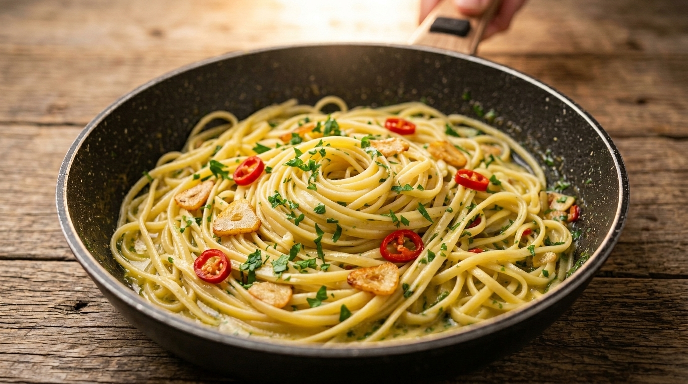 Linguini cremosos con ajo y guindilla (Pasta Aglio, Olio e Peperoncino con huevo)