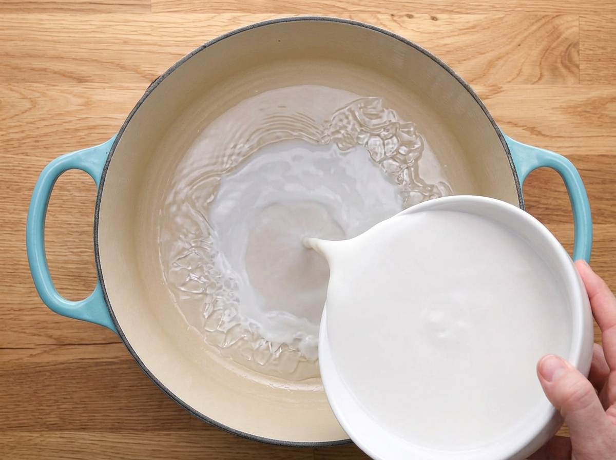 Leche vertiéndose en una olla de cocina de color azul claro.