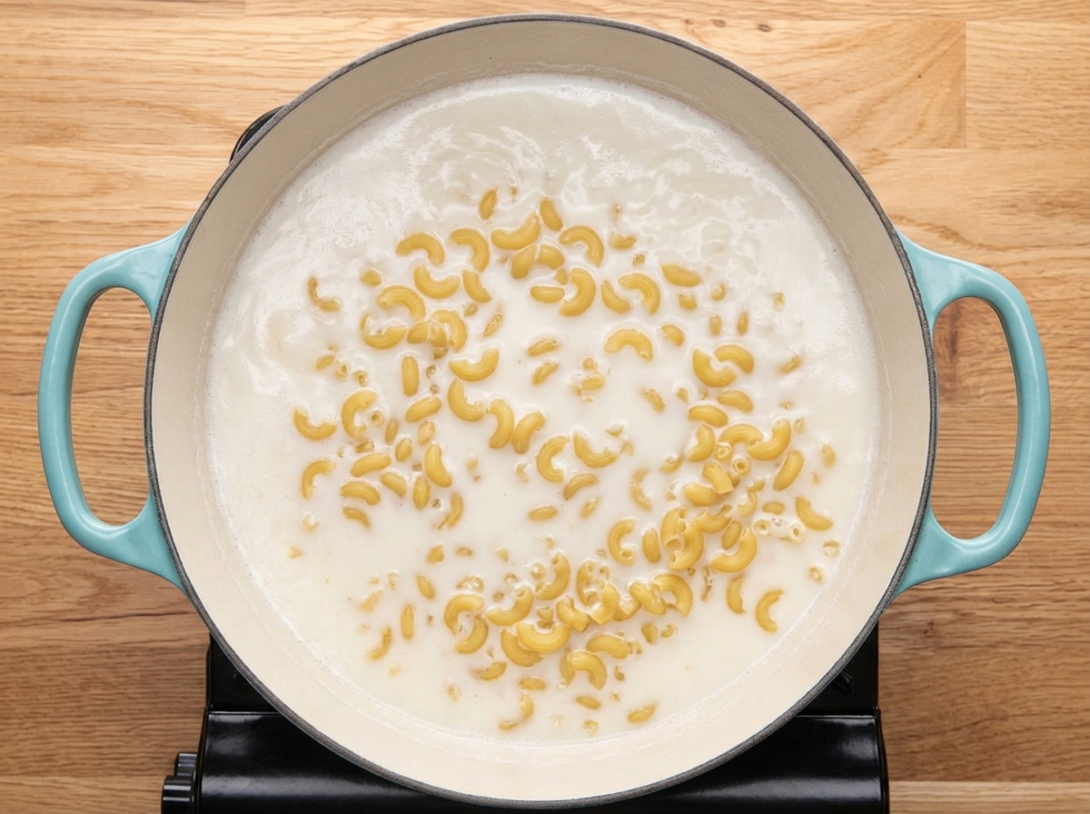 Coditos de pasta secos reposando en leche a fuego lento dentro de una olla azul claro.