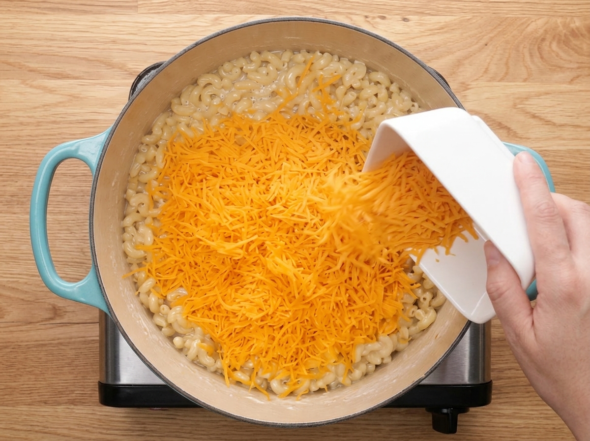 Queso cheddar rallado cayendo desde un cuenco blanco sobre los macarrones cocinados en una olla.