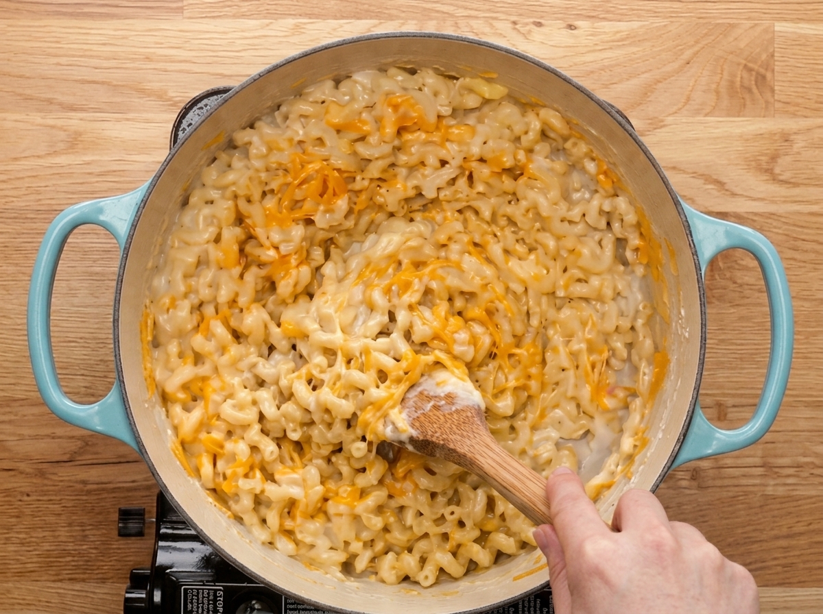 Macarrones con queso cremosos siendo removidos con una cuchara de madera en una olla azul claro.