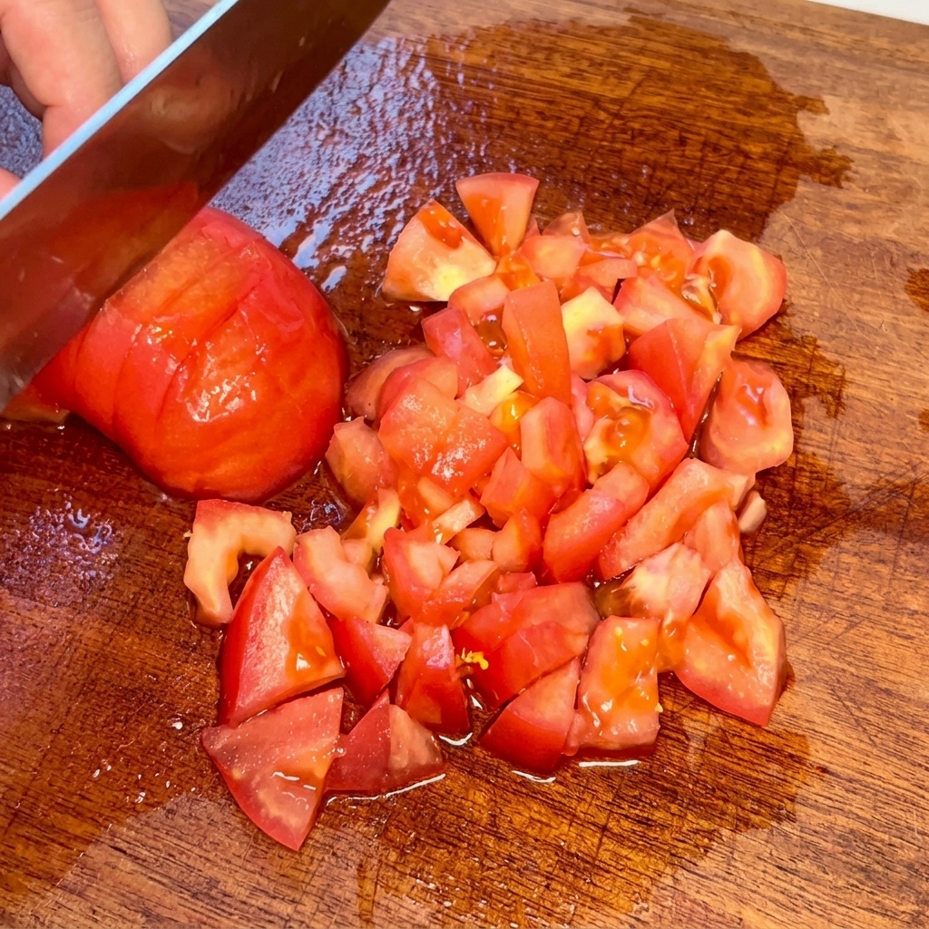 Tomate pelado siendo cortado en dados pequeños sobre una tabla de madera.