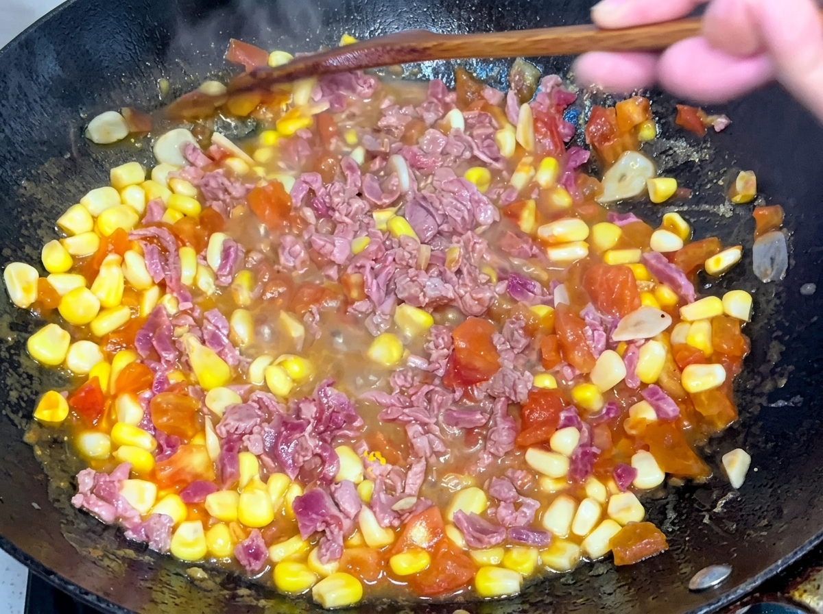 Carne picada, granos de maíz y tomates salteándose juntos en un wok negro con una espátula de madera.