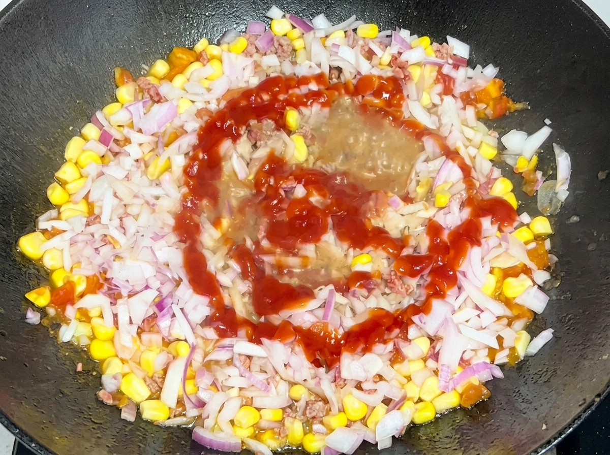 Cebolla roja finamente picada y un chorro de kétchup rojo añadiéndose a la mezcla de carne y maíz en la sartén.
