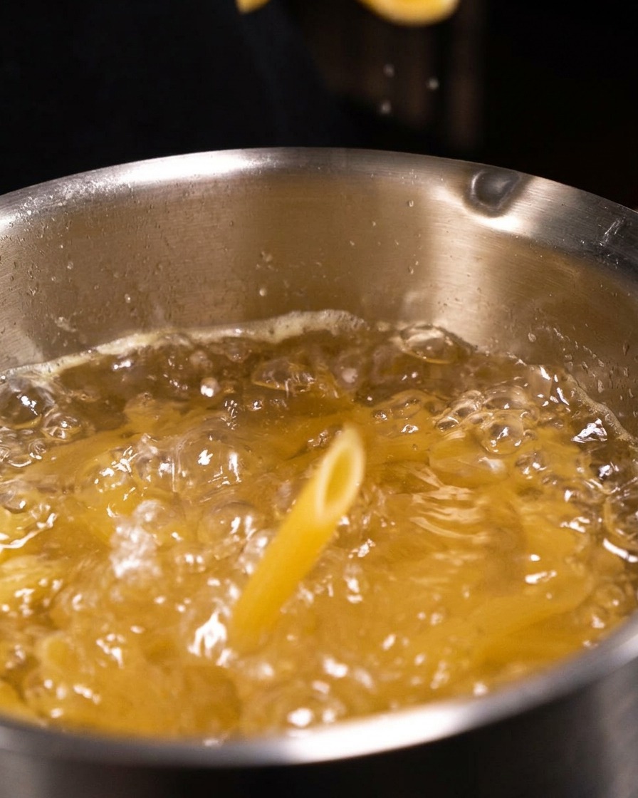 Pasta penne seca y tubular cayendo en una olla de agua hirviendo sazonada.
