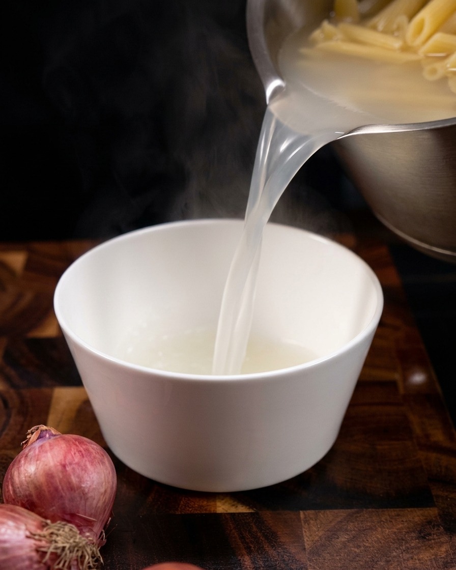 Agua de pasta caliente y turbia vertiéndose desde la olla a un tazón de cerámica blanca limpio.