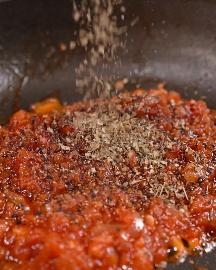 Hierbas secas y especias rojas espolvoreadas desde arriba en una salsa de tomate roja, espesa y burbujeante en una sartén.