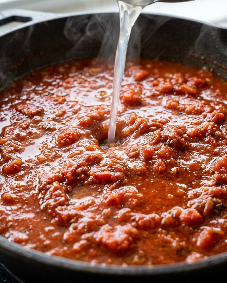Un chorro de agua de pasta clara y almidonada vertiéndose en una sartén con salsa de tomate roja, creando un pequeño remolino.