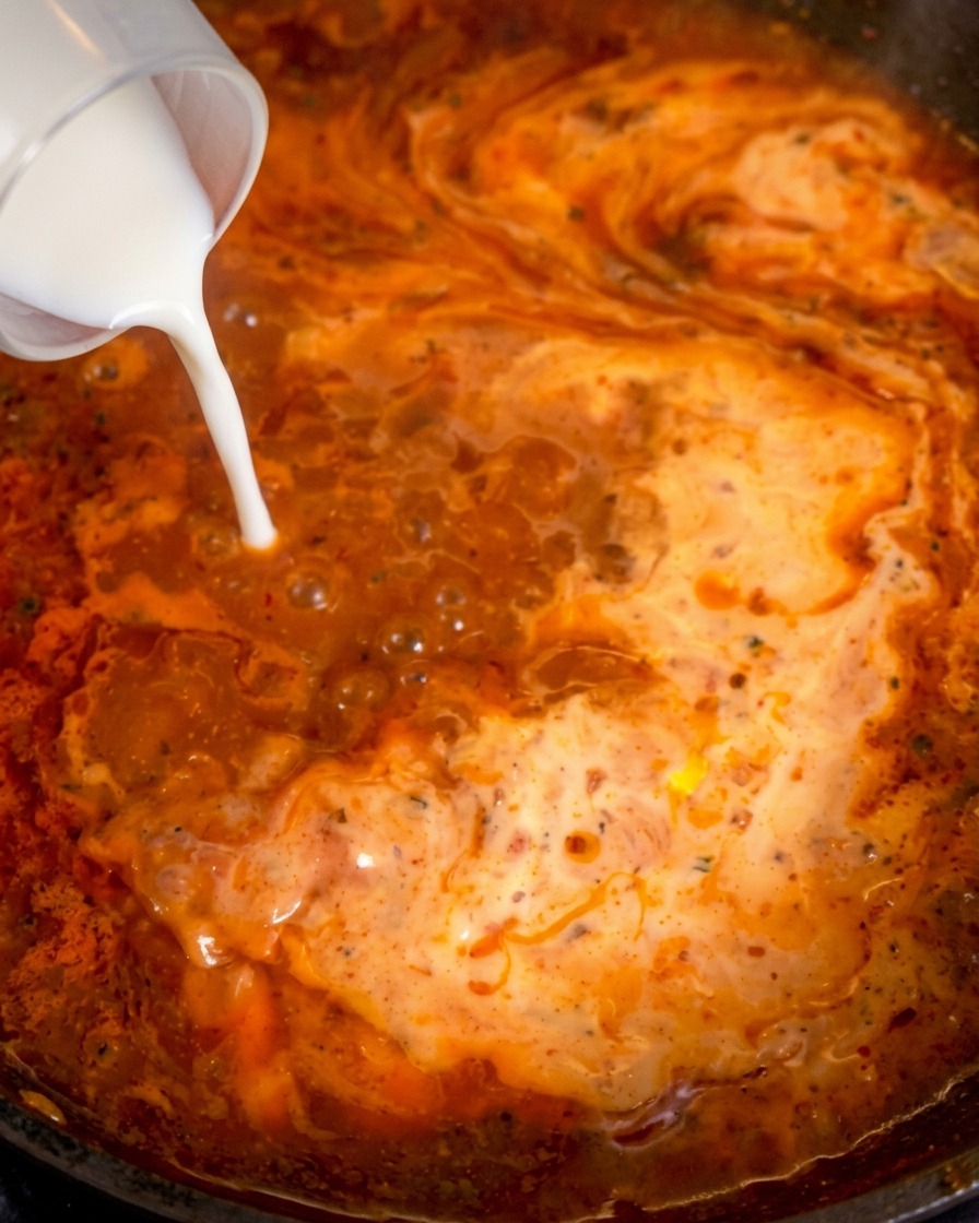 Crema blanca vertiéndose en una salsa roja, creando remolinos blancos y anaranjados en la sartén.