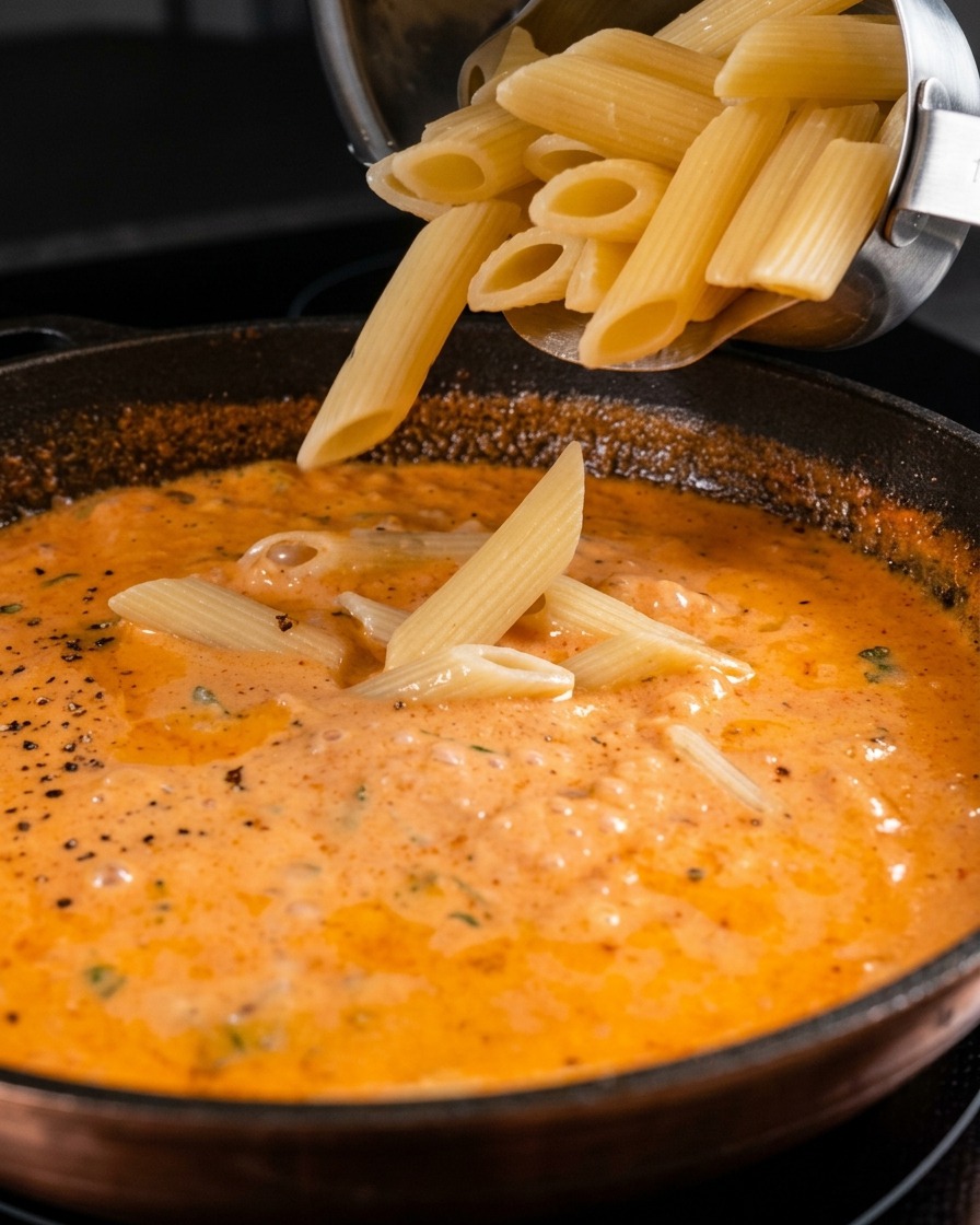 Pasta penne cocida vertiéndose desde una olla de metal en una sartén llena de salsa cremosa de color naranja.