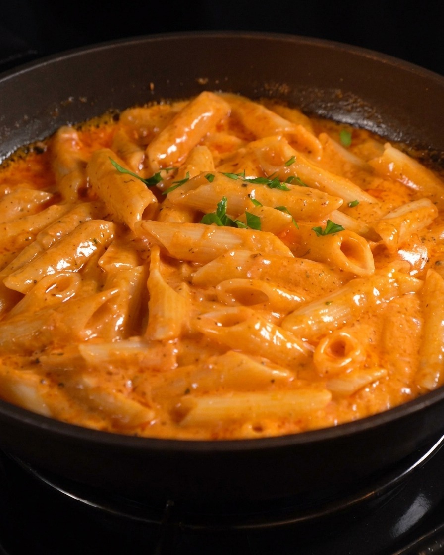 Una sartén terminada de pasta penne cremosa y anaranjada decorada con perejil picado de color verde brillante.