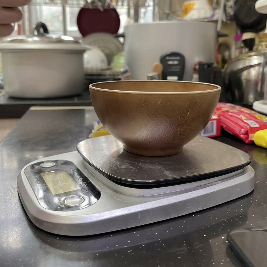 Una mano vertiendo macarrones secos de una bolsa de plástico verde en un pequeño cuenco de madera sobre una báscula de cocina digital plateada.
